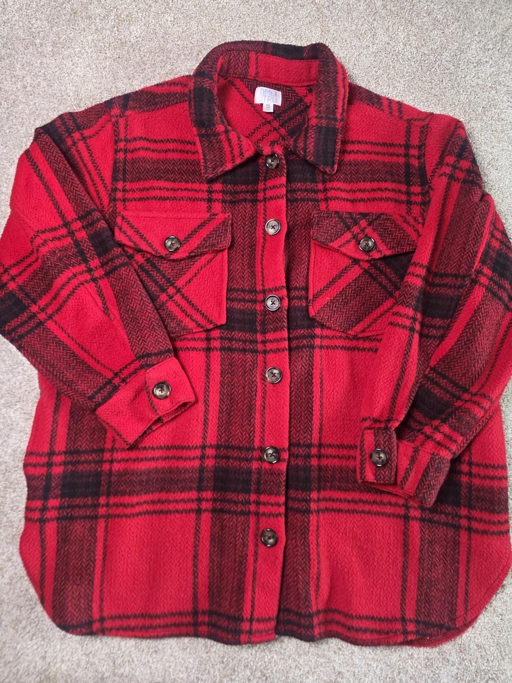 Women's Red & Black Plaid Wool Blend Shacket XXL Time And Tru With Pockets